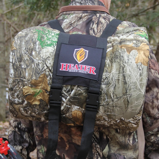 Xtreme Detachable Heater Body Suit Straps on camouflage hunting gear with black harness on Tampa Home & Garden Store