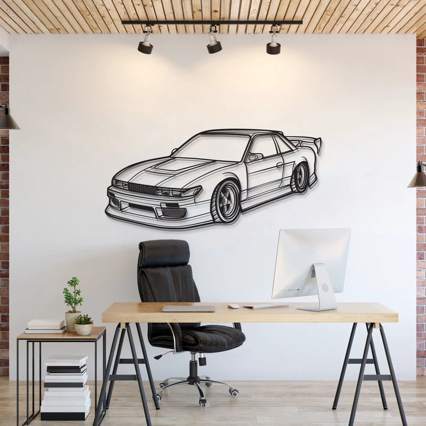 240SX Perspective Metal Car Wall Art MT1132 by Modello Turbo black line art on white wall on Tampa Home & Garden Store