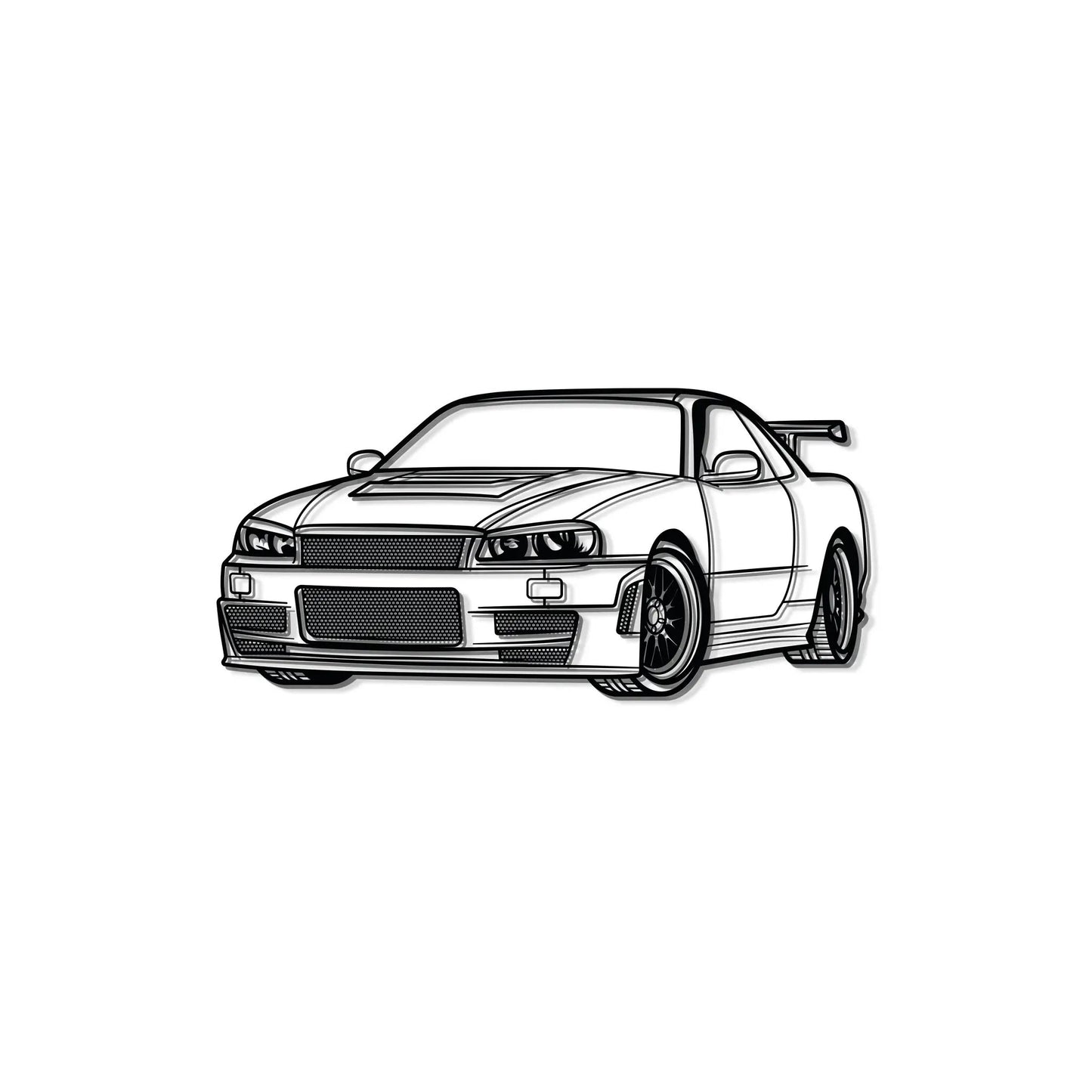 GTR R34 Perspective Metal Car Wall Art black-and-white line drawing on Tampa Home & Garden Store