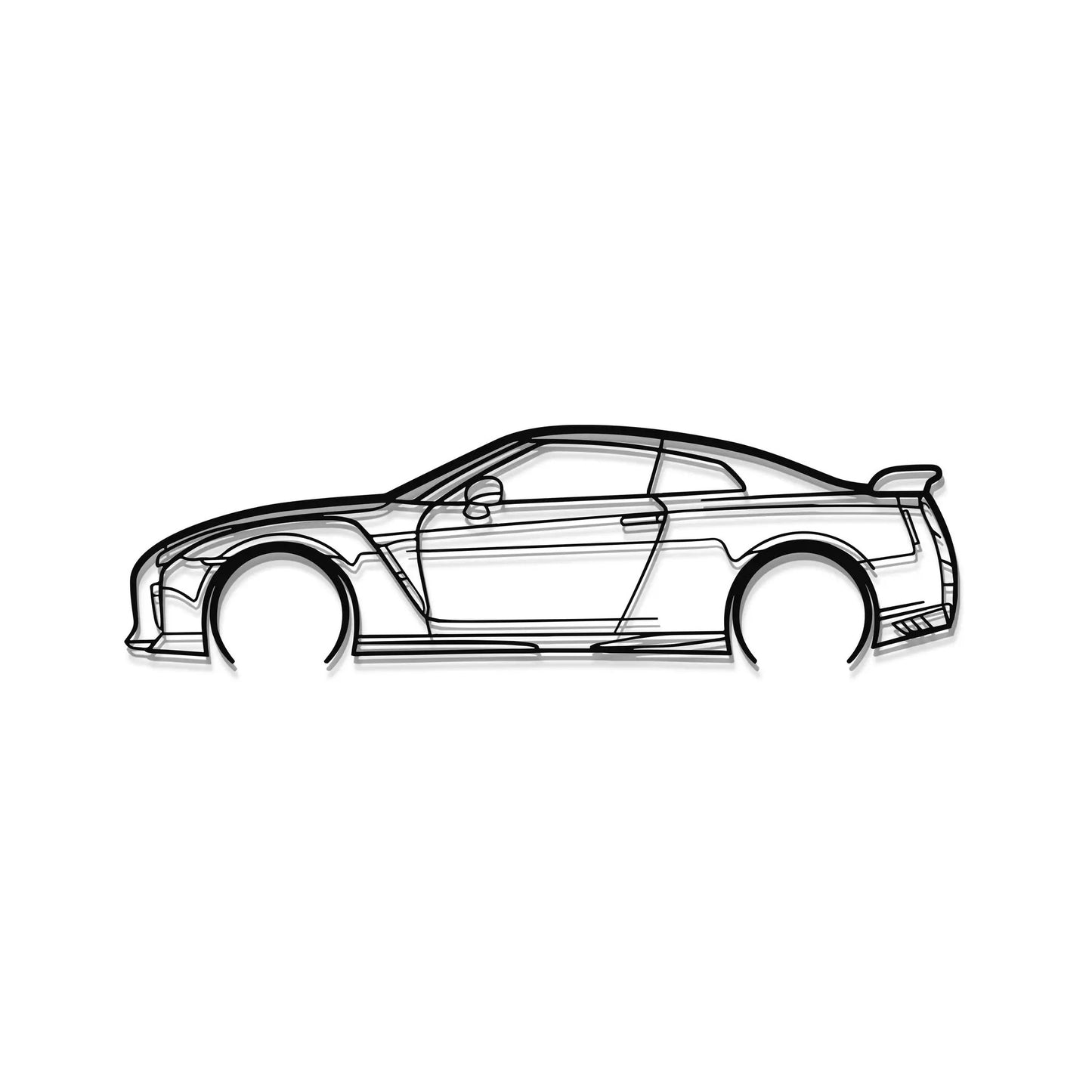 GT-R R35 Detailed Metal Wall Art side-view line drawing in black, Modello Turbo artwork on Tampa Home & Garden Store