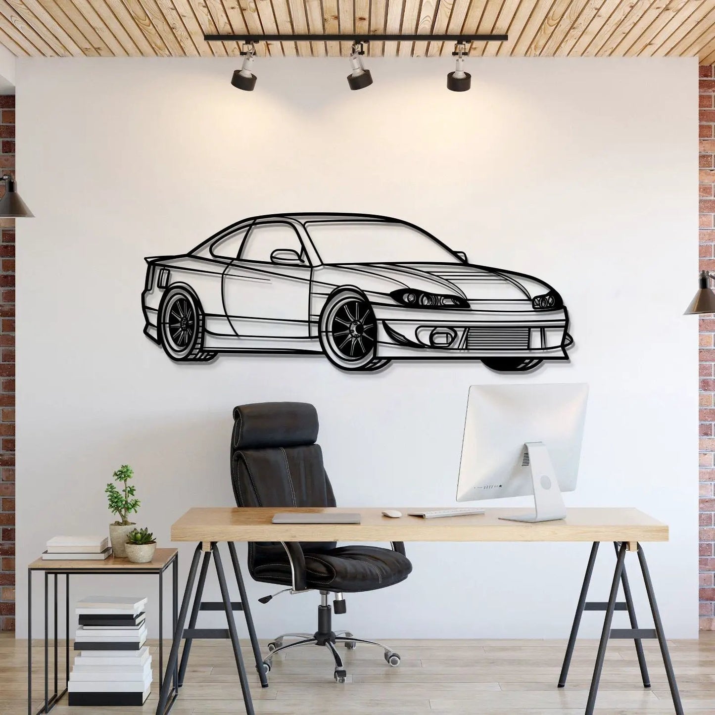 Silvia S15 Metal Car Wall Art MT1135 by Modello Turbo, black line art car on white wall on Tampa Home & Garden Store