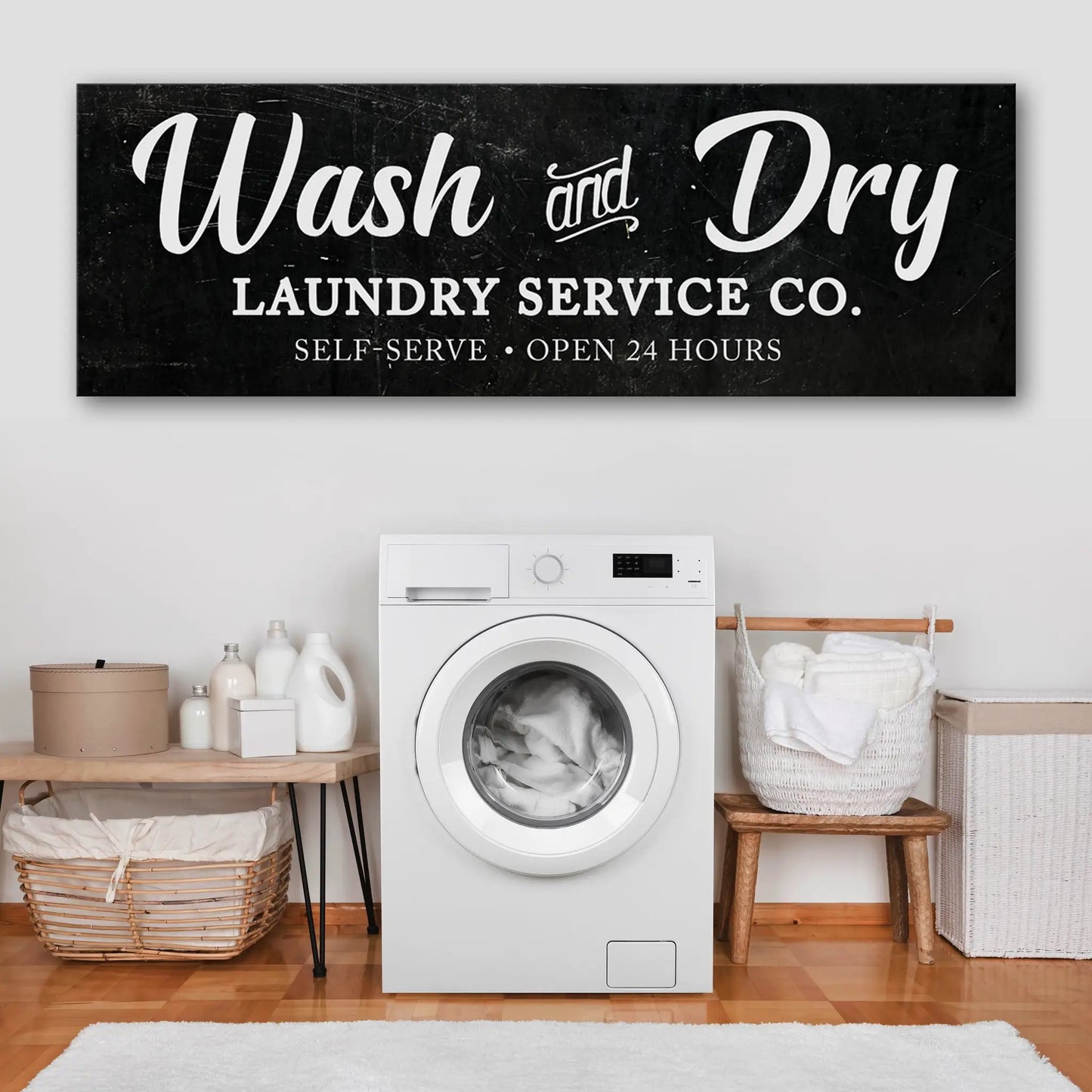 Wash and Dry Laundry Service Co canvas sign by Tailored Canvases on black canvas on Tampa Home & Garden Store