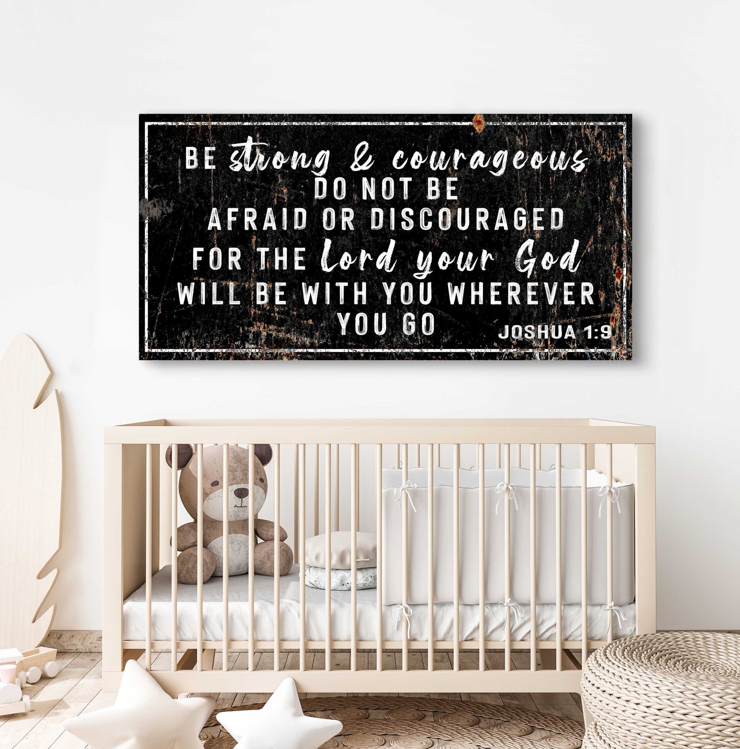 Canvas sign Joshua 1:9 Be Strong And Courageous by Tailored Canvases, black with white border on Tampa Home & Garden Store