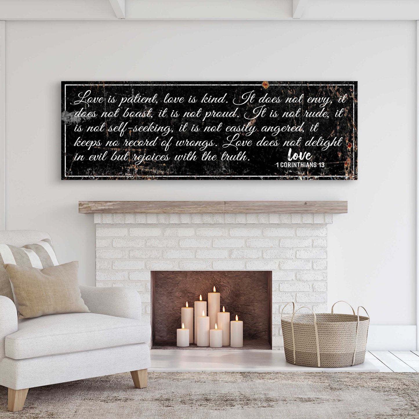 Canvas sign 1 Corinthians 13 Love Is Patient black with white script Tailored Canvases on Tampa Home & Garden Store