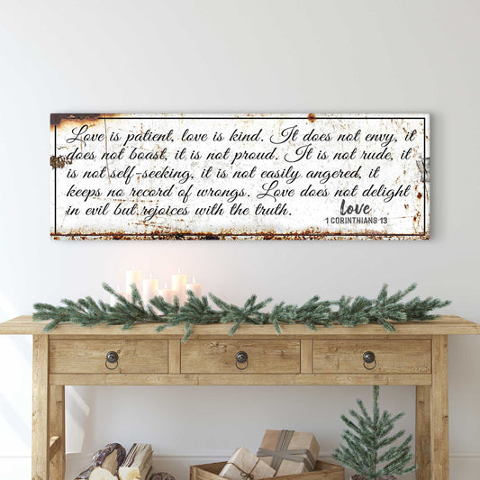 Canvas sign featuring 1 Corinthians 13 verse, rustic weathered finish, Tailored Canvases on Tampa Home & Garden Store