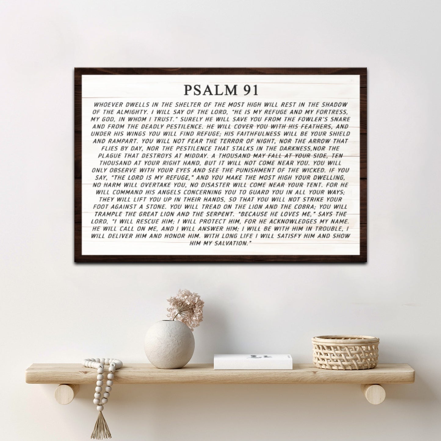 Psalm 91 sign canvas by Tailored Canvases, white panel with black text in a dark wood frame on Tampa Home & Garden Store