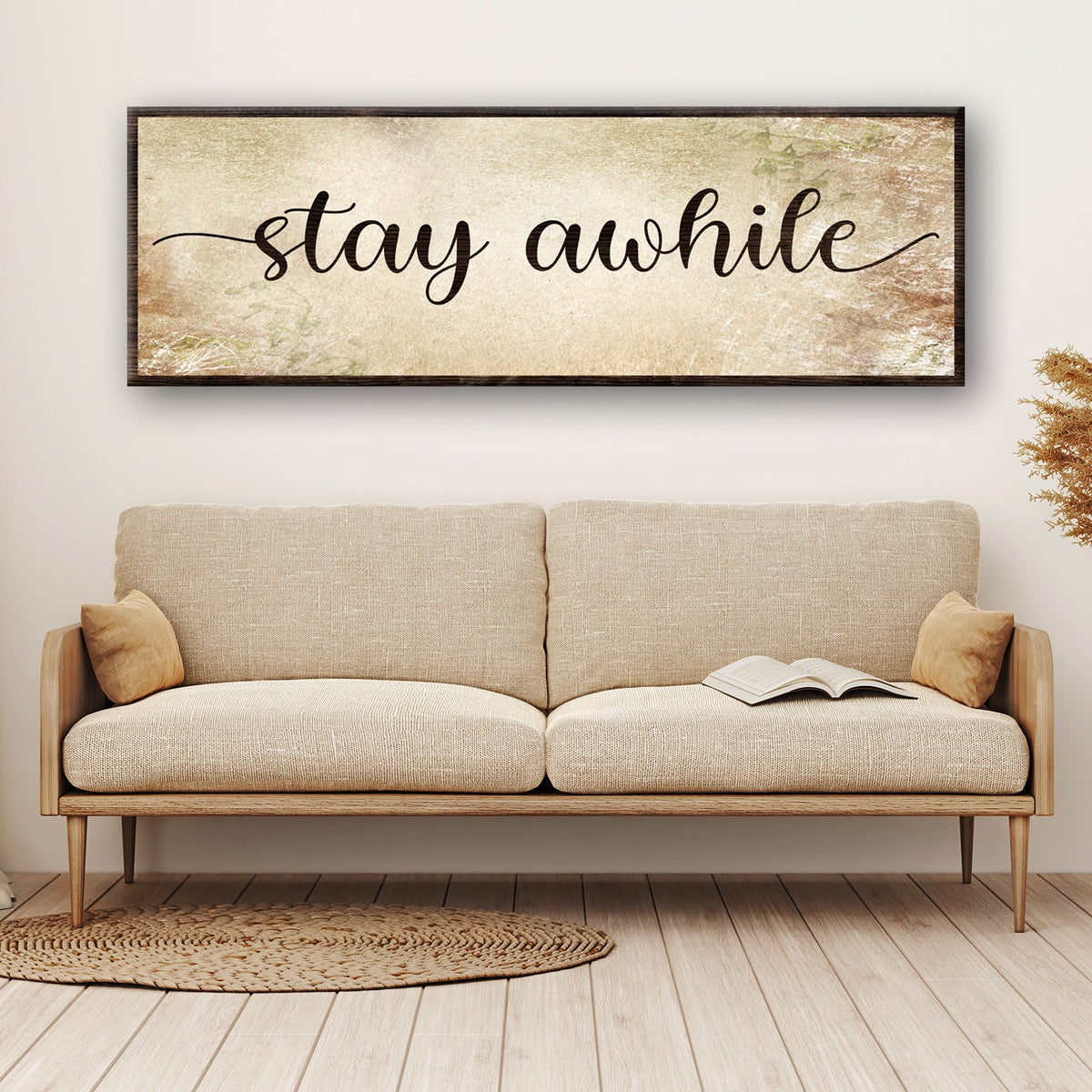 Stay Awhile Sign III canvas; black cursive text, rustic wood frame on Tampa Home & Garden Store