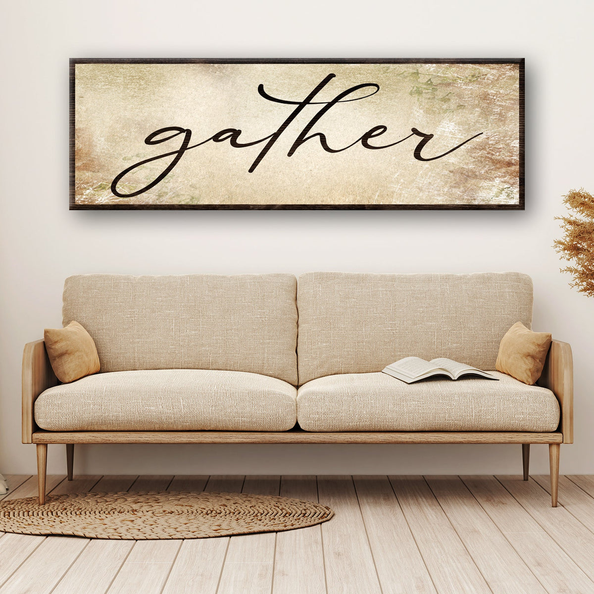 Gather Grunge Sign canvas wall art in a dark wood frame with beige distressed backdrop above a sofa on Tampa Home & Garden Store