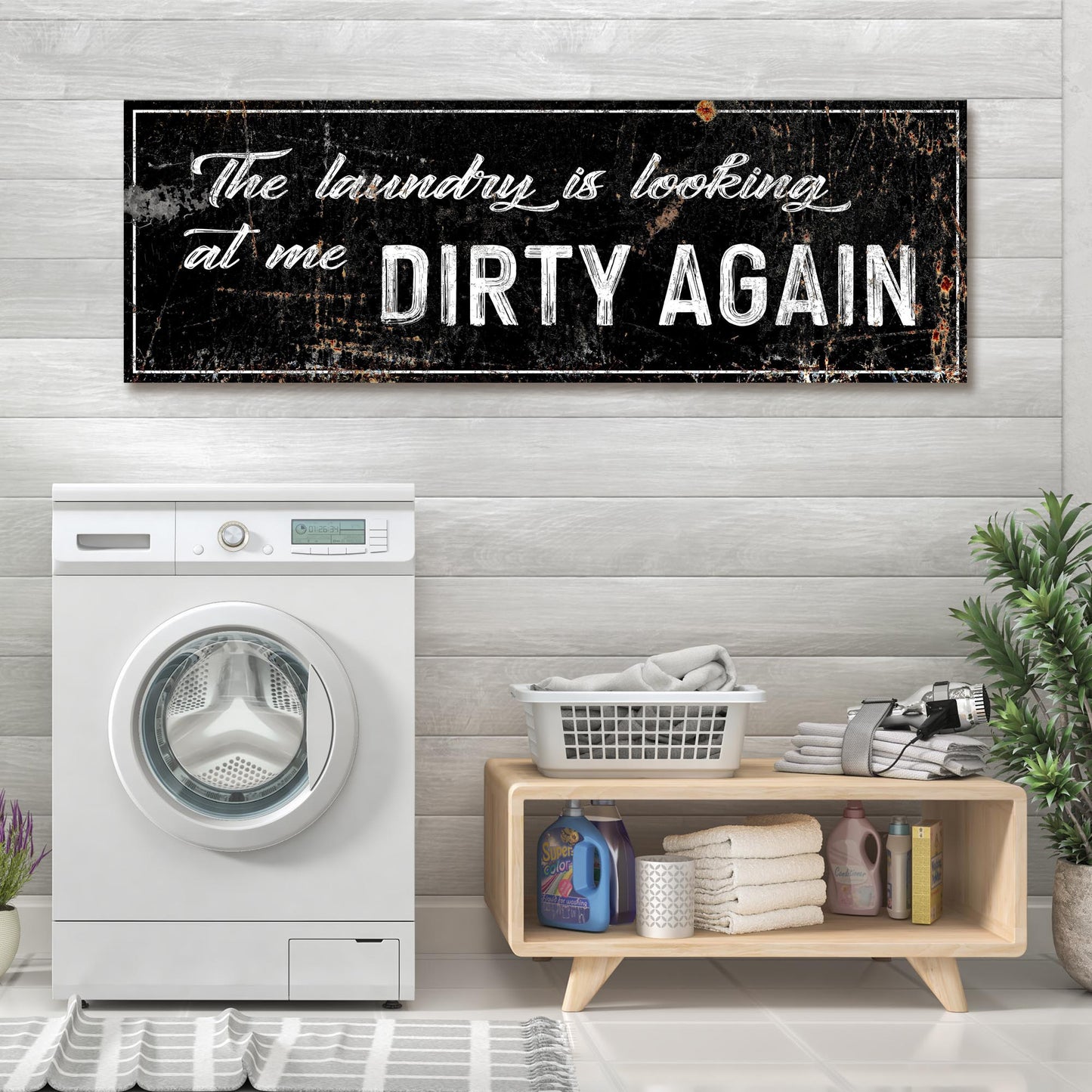 Dirty Laundry sign canvas wall art with distressed black background and white text DIRTY AGAIN on Tampa Home & Garden Store