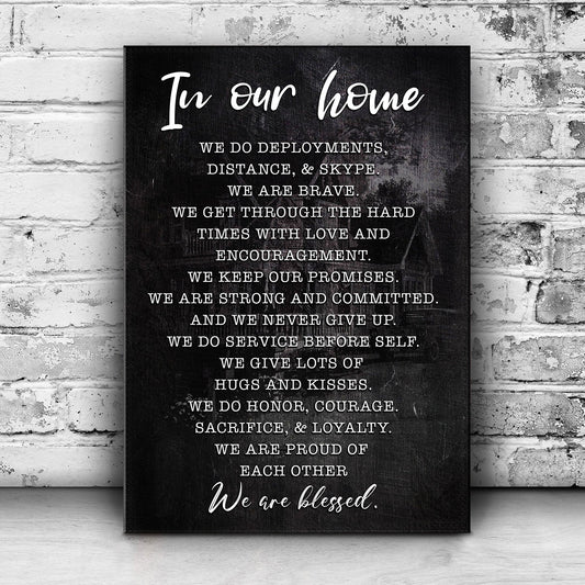 Canvas sign In Our Home We Are Blessed II by Tailored Canvases; black canvas with script title on Tampa Home & Garden Store