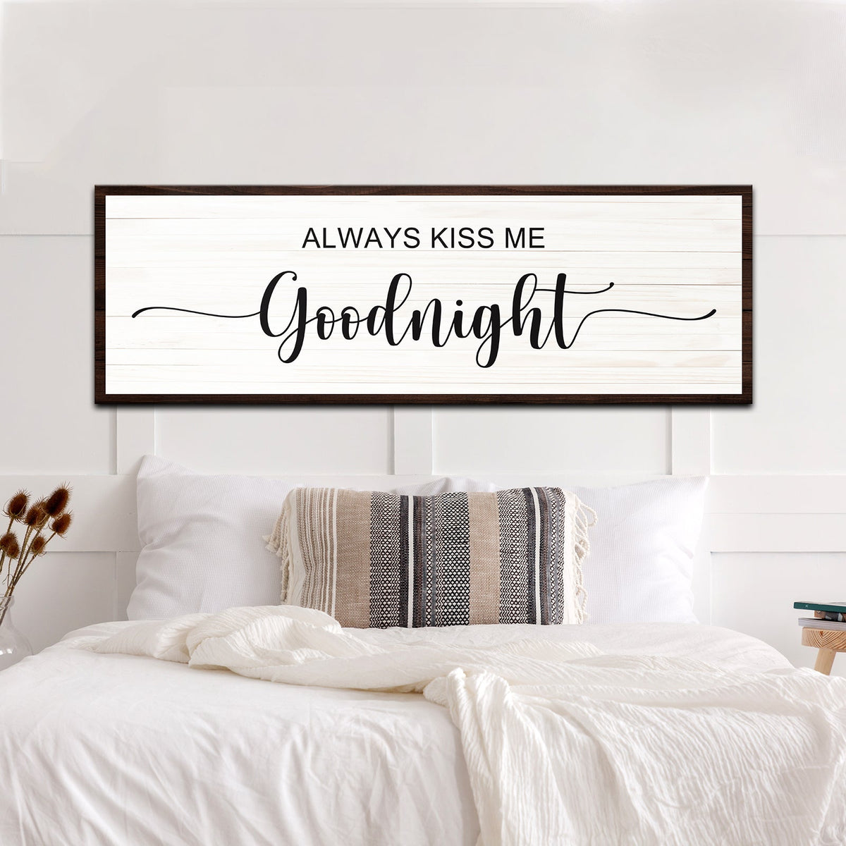 Always Kiss Me Goodnight II Canvas by Tailored Canvases, white plank panel with dark frame on Tampa Home & Garden Store