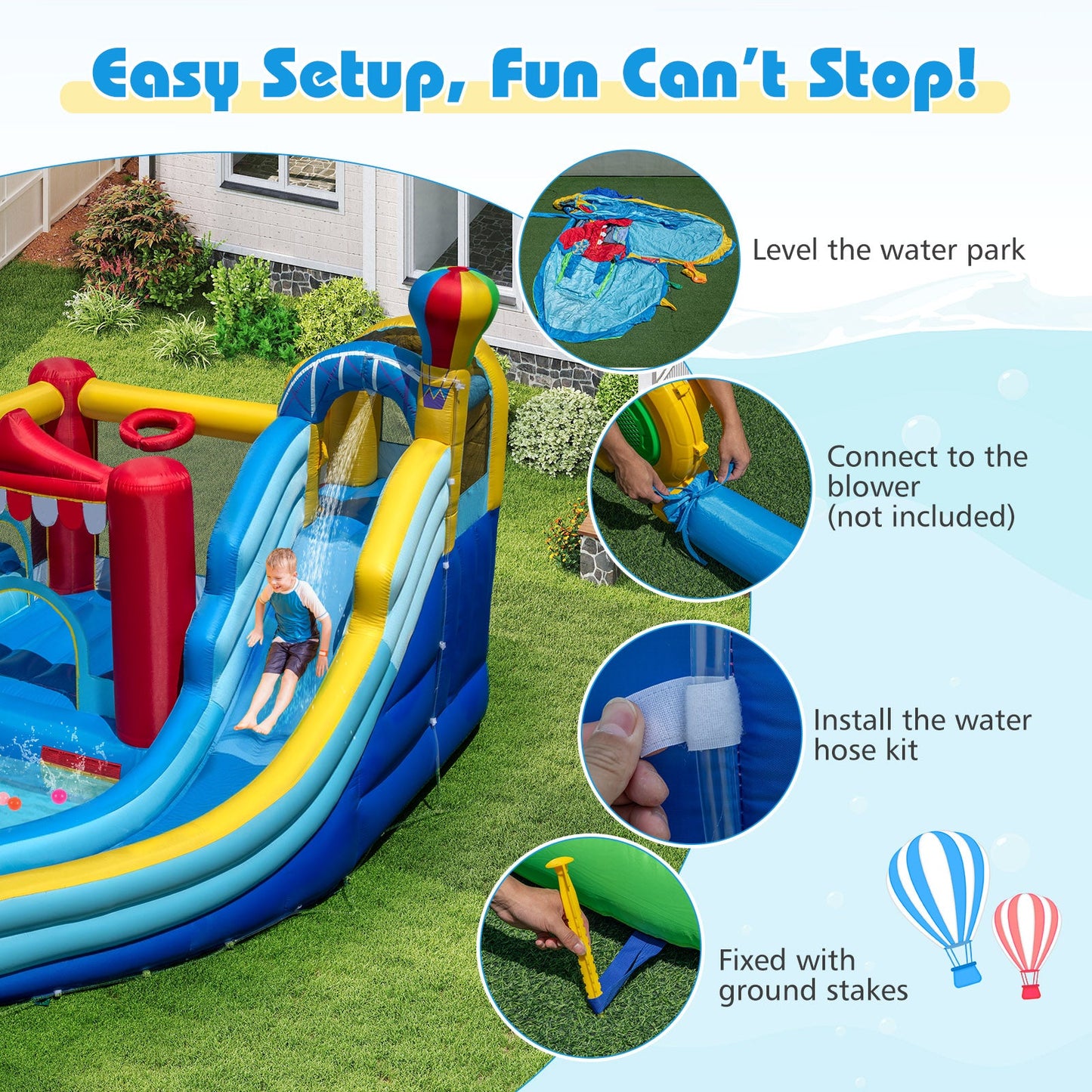 Inflatable Water Park with Splash Pool; blue, red, yellow slides in backyard by DirectDeals on Tampa Home & Garden Store