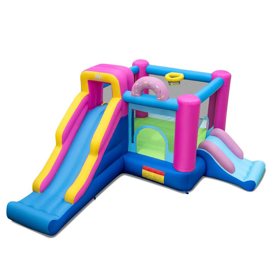Inflatable bounce house with slides and hoop; pink, blue, yellow doughnut themed BOUNTECH on Tampa Home & Garden Store