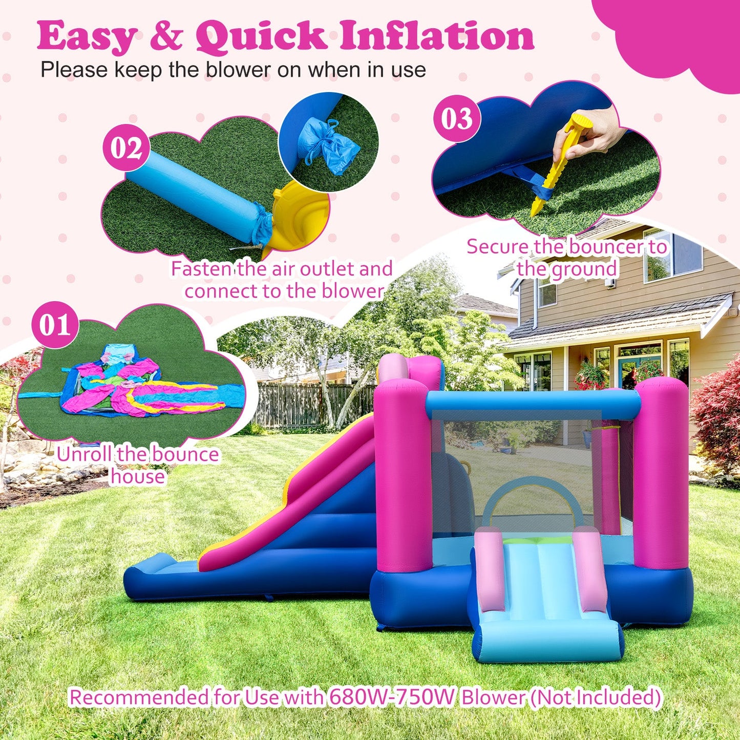 Inflatable bounce house with slides and hoop in pink and blue DirectDeals on Tampa Home & Garden Store