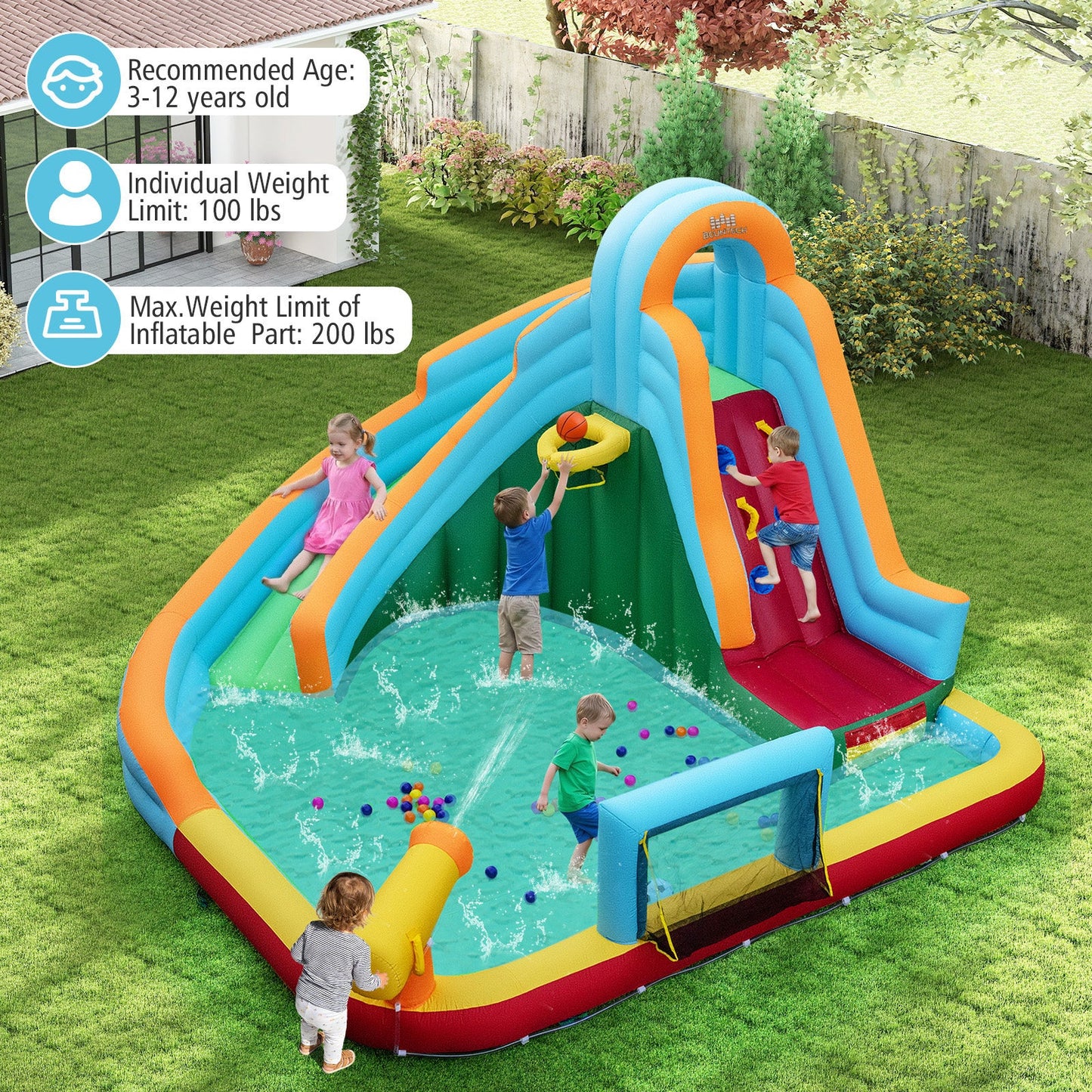 DirectDeals Inflatable Water Park 6-in-1 slide bounce house with blue arches and splash pool on Tampa Home & Garden Store