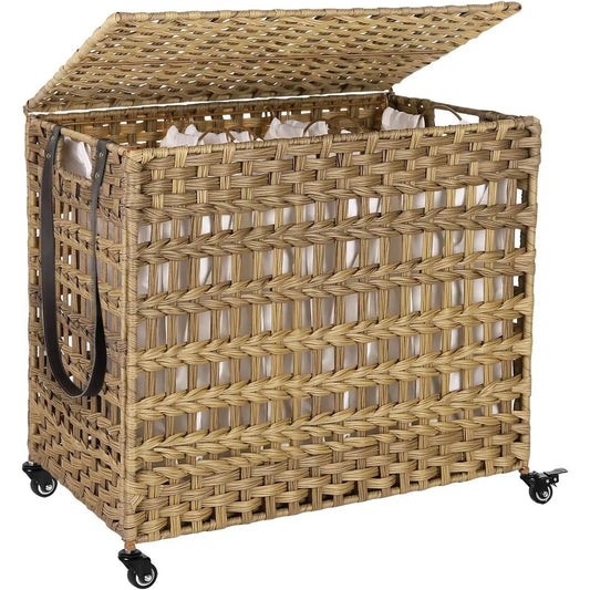 Tan PP rattan 3-basket laundry hamper sorter cart with lid and fabric liners on wheels on Tampa Home & Garden Store