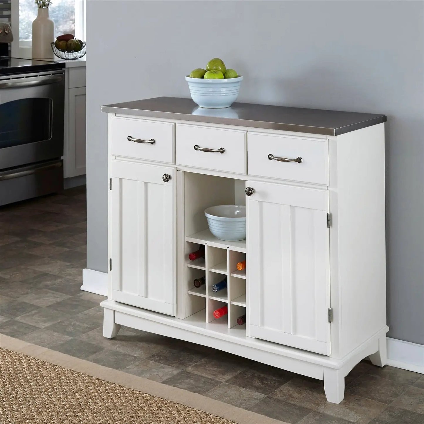 Stainless Steel Top Kitchen Island Sideboard Cabinet Wine Rack in White - Tampa Home & Garden Store
