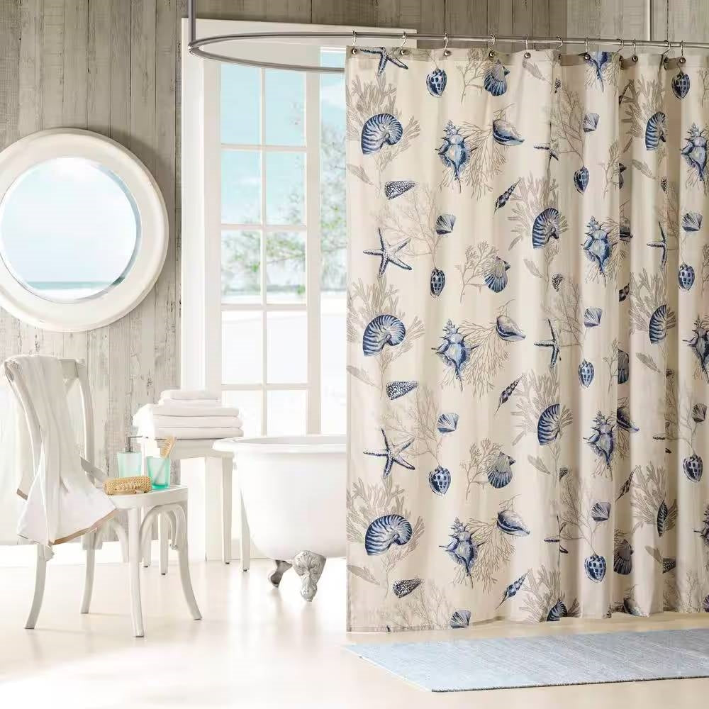 Cortina de ducha de algodón beige caqui de 72 pulgadas con conchas de mar azul marino y coral de playa costera