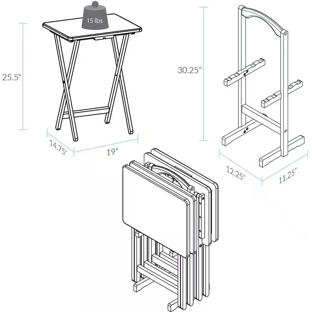 Juego de 4 - Juego de Mesas Bandeja de TV Plegables de Madera Maciza con Soporte en Acabado Natural