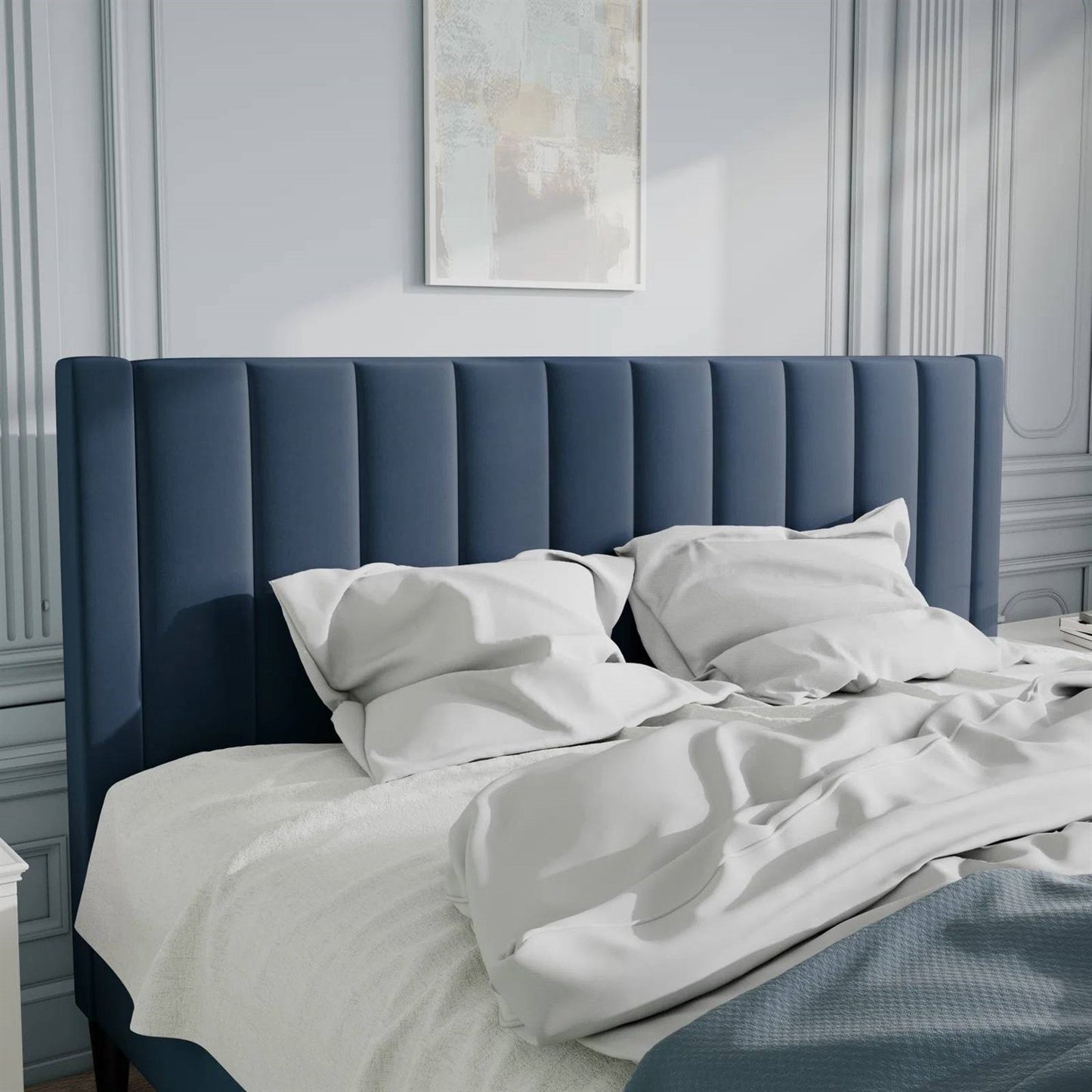 Cama de plataforma tapizada en terciopelo azul marino moderno King Size con cabecero