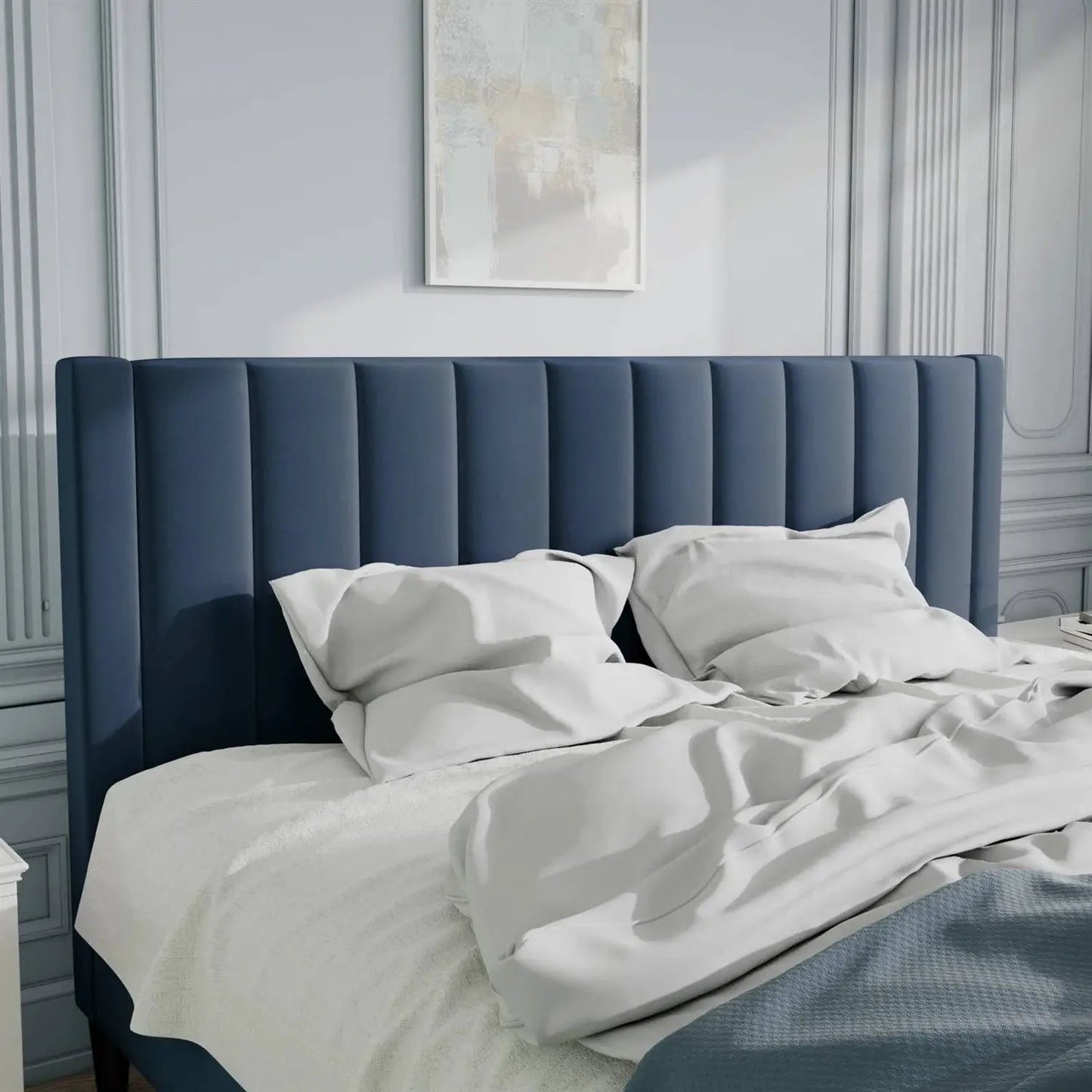 King size Modern Navy Blue Velvet Upholstered Platform Bed with Headboard - Tampa Home & Garden Store