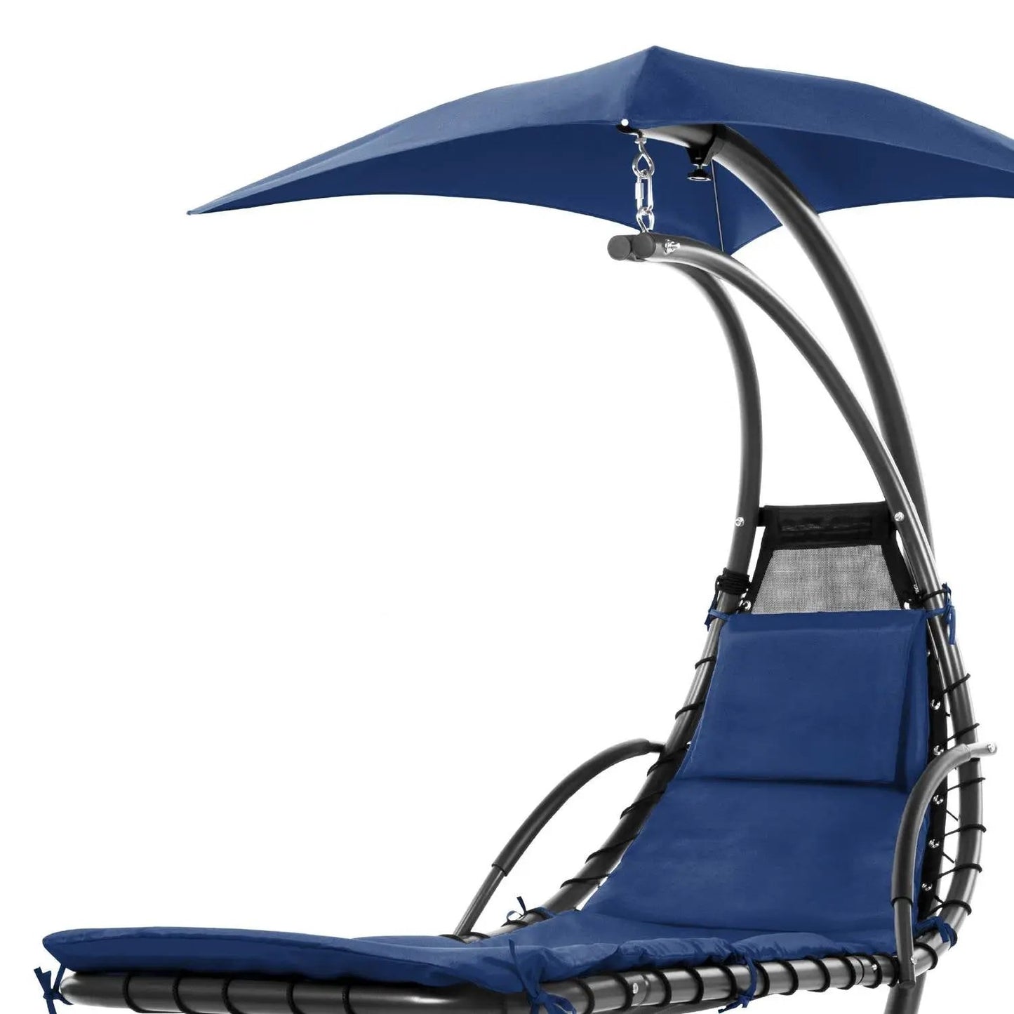 Navy blue chaise lounger hammock chair with curved metal frame and fabric seating by HomePacific on Tampa Home & Garden Store