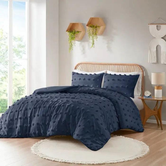 Full/Queen Navy Pompom Microfiber Comforter Set by HomePacific, navy bedding in bedroom on Tampa Home & Garden Store