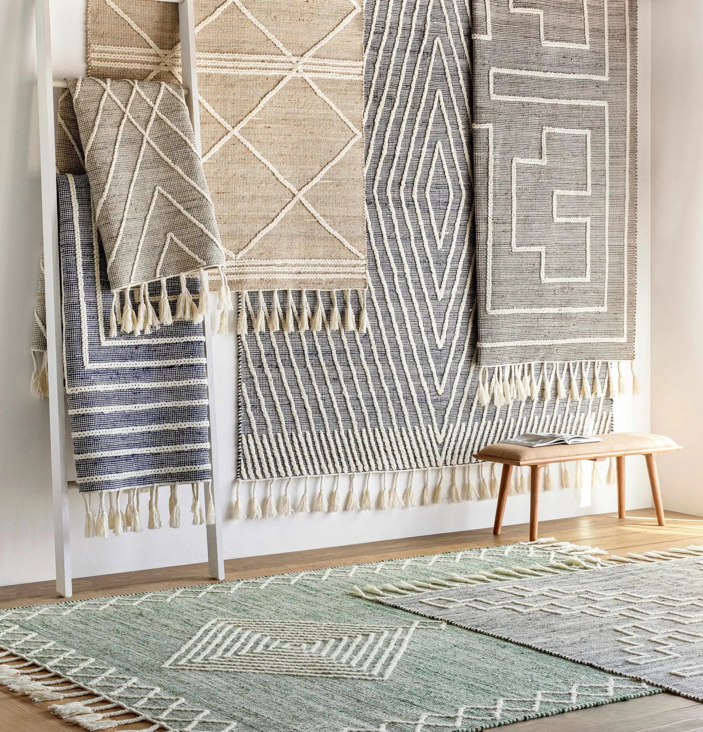Azra tasseled jute and wool rug hand woven; four neutral-tone rugs in beige/gray Boutique Rugs on Tampa Home & Garden Store