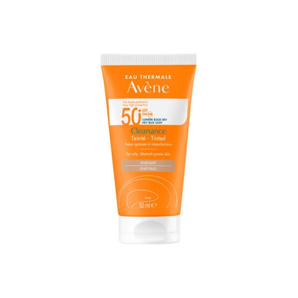 Avène Cleanance SPF 50+ tinted sunscreen tube, orange packaging for oily acne-prone skin on Tampa Home & Garden Store