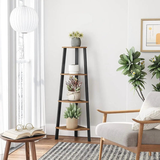 Narrow 3-shelf corner plant stand with black metal frame and warm wood shelves on Tampa Home & Garden Store