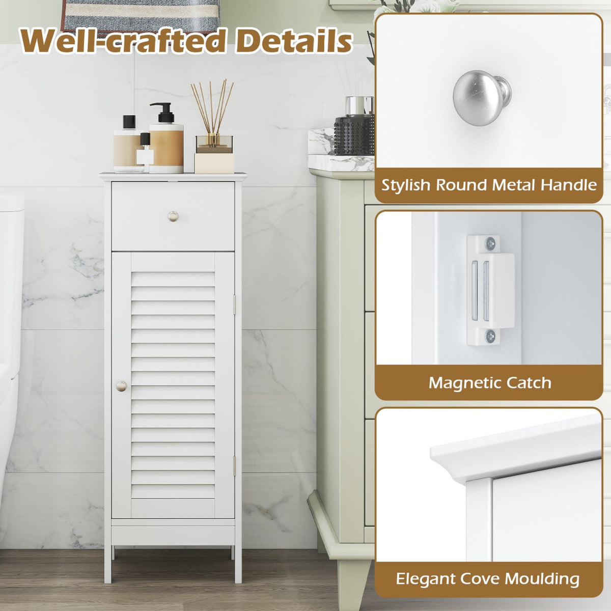 White narrow bathroom storage cabinet with top drawer and slatted door, adjustable shelf on Tampa Home & Garden Store