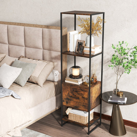 5-Tier Narrow Bookcase with 4 Open Shelves and Storage Drawer-Rustic Brown - Tampa Home & Garden Store