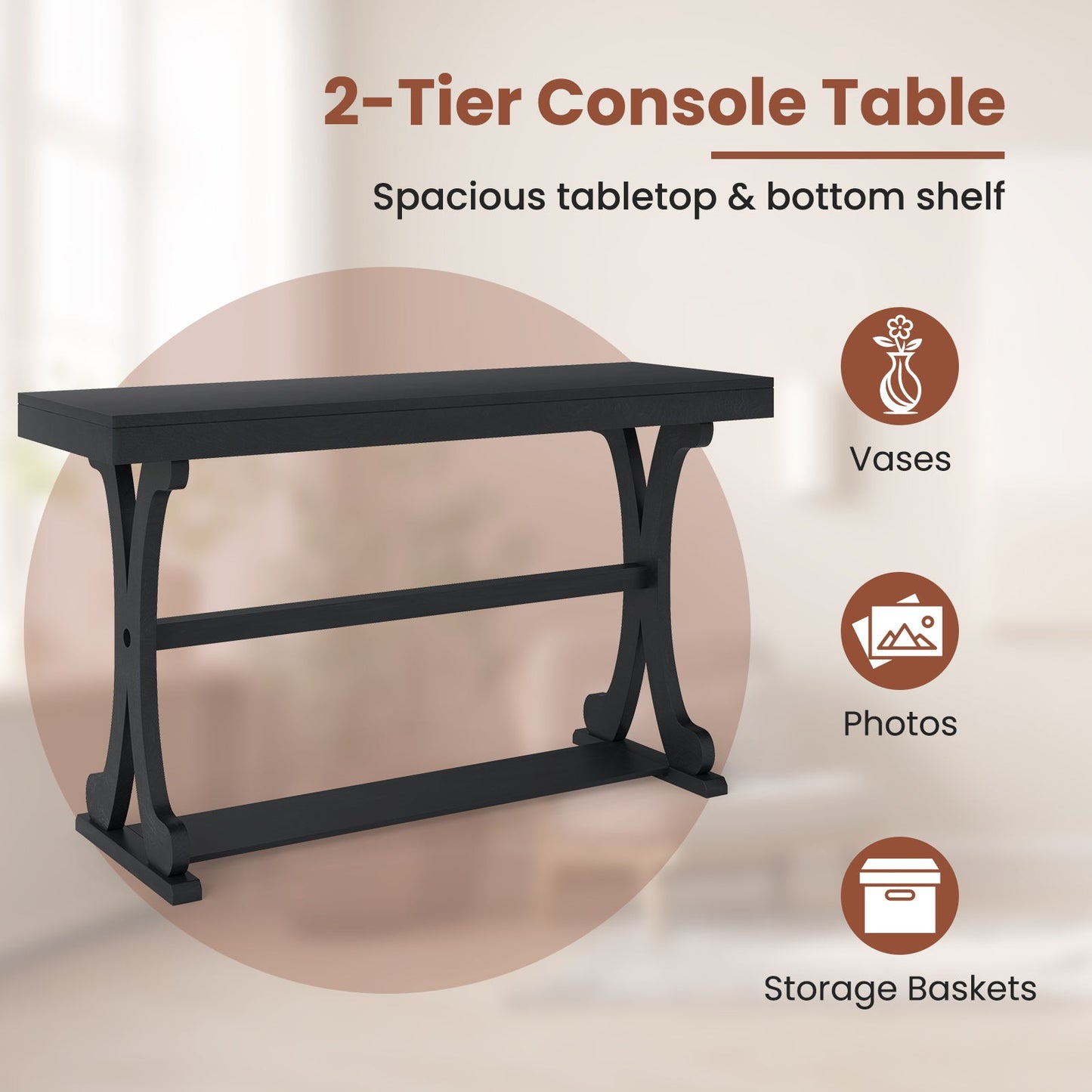 Vintage narrow console table with open lower shelf, black wood and curved supports DirectDeals on Tampa Home & Garden Store