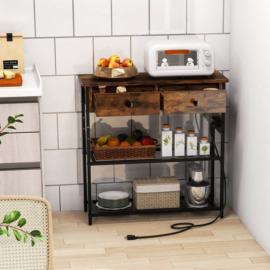 Narrow console table with two drawers and lower shelf in rustic wood and black metal frame on Tampa Home & Garden Store
