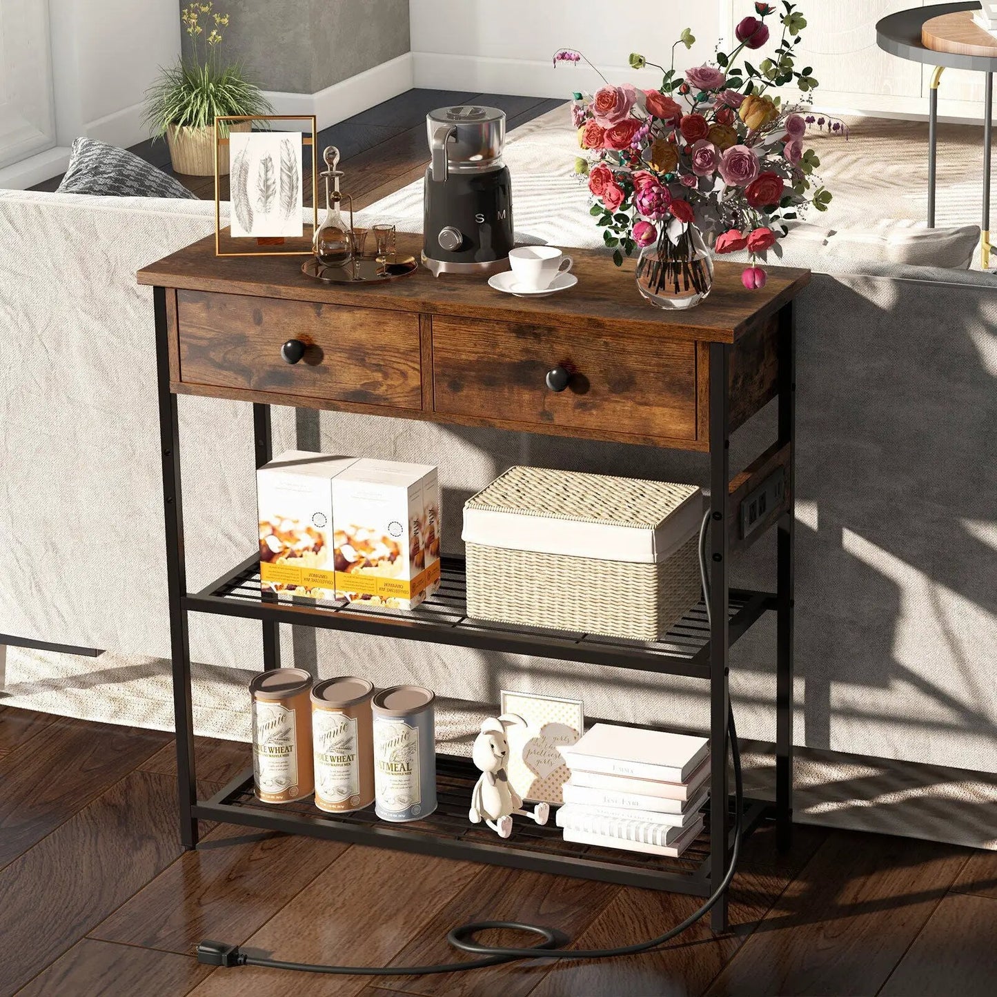 Narrow Console Table with 2 Drawers and 2 Metal Mesh Shelves-Rustic Brown - Tampa Home & Garden Store