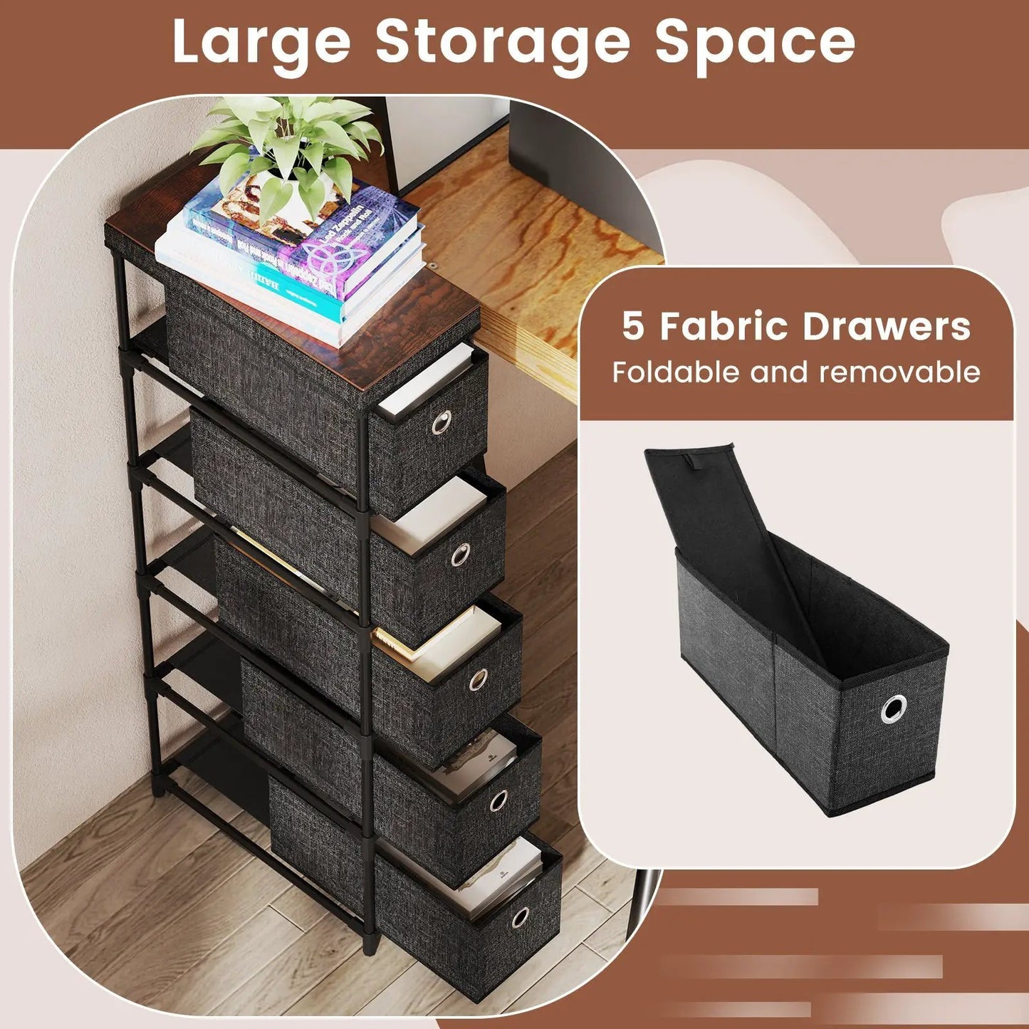 Narrow 5-drawer dresser with black metal frame and fabric bins; top with plant and books on Tampa Home & Garden Store