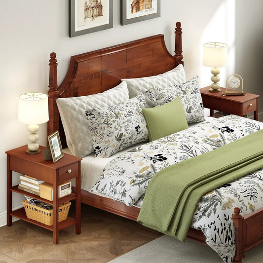 DirectDeals 3-Tier Narrow End Table with Drawer and Shelves in warm cherry beside bed on Tampa Home & Garden Store