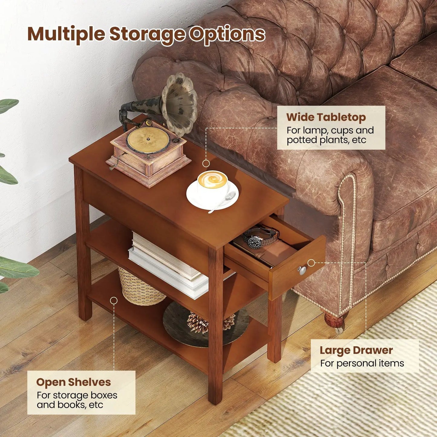 3-Tier Narrow End Table with Drawer and Shelves in brown wood finish by DirectDeals on Tampa Home & Garden Store