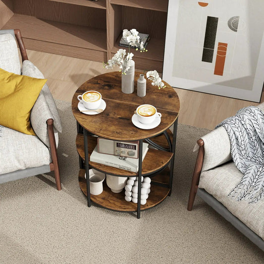 Narrow round wood end table with black metal frame and 3-tier shelves on Tampa Home & Garden Store