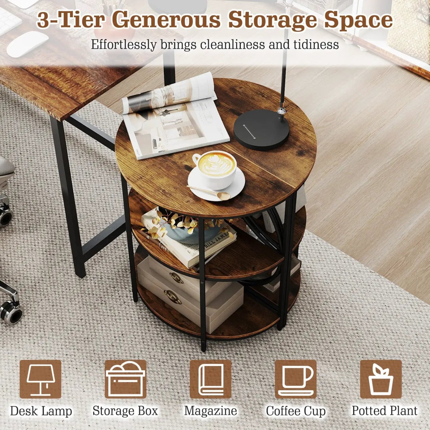 DirectDeals three-tier narrow round side table with black metal frame and dark wood shelves on Tampa Home & Garden Store