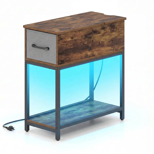 Narrow Side Table With Charging Station, wood top, gray fabric drawer, blue LED shelf on Tampa Home & Garden Store
