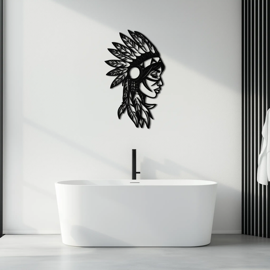 Native American Woman Metal Wall Art, black metal silhouette with headdress, Enova Art on Tampa Home & Garden Store