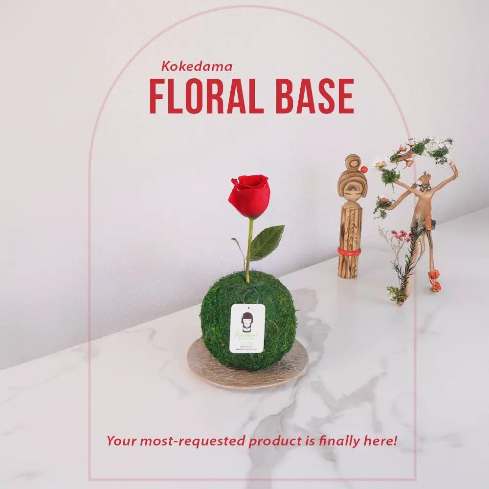 Kokedama Floral Base 4.5in natural moss with red rose Kazumi Garden on Tampa Home & Garden Store