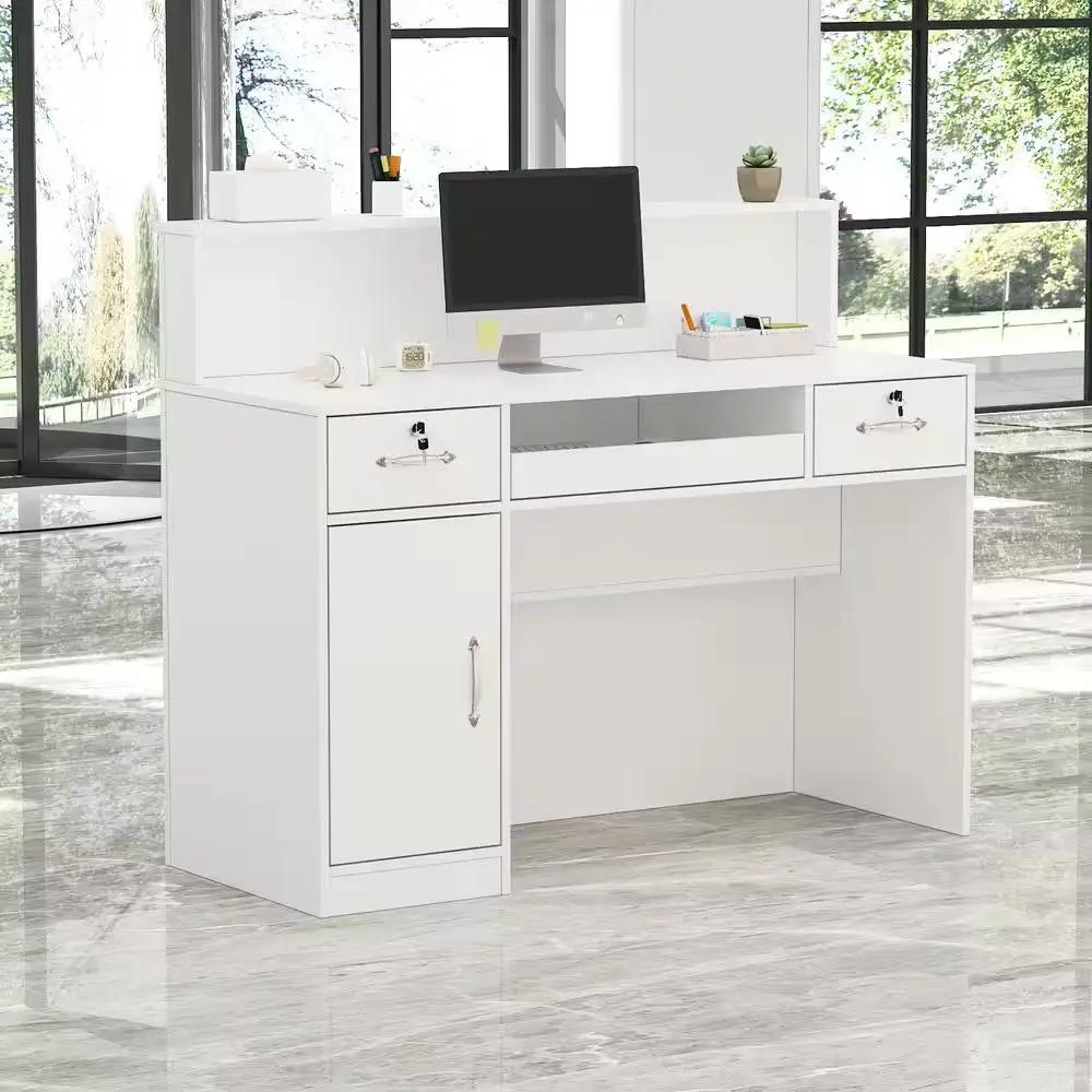 Natural White Corner Desk with Hutch and Storage, white finish, monitor on desk on Tampa Home & Garden Store