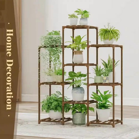 Natural wood plant stand with nine planter slots in a bookcase grid on Tampa Home & Garden Store