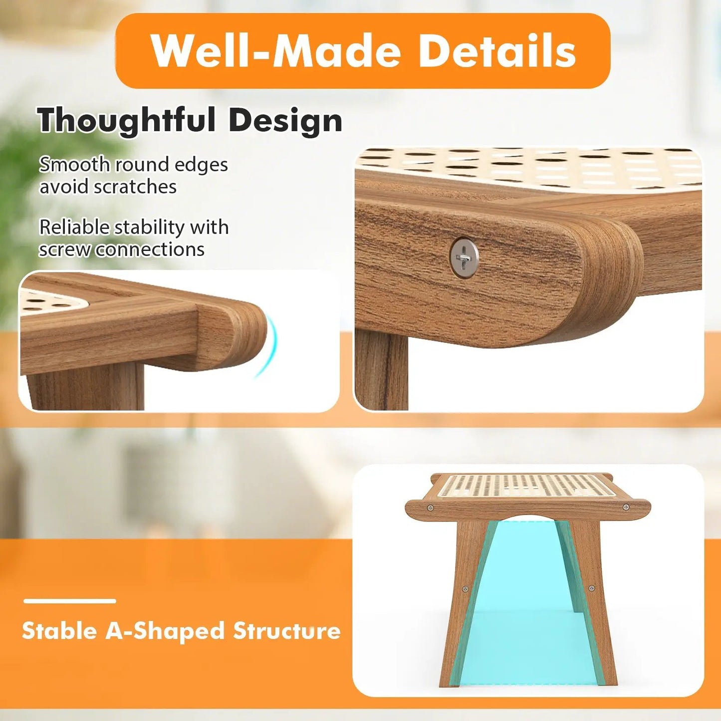 Natural Teak Foot Rest with Handwoven Rattan top, smooth rounded edges and curved, stable frame on Tampa Home & Garden Store