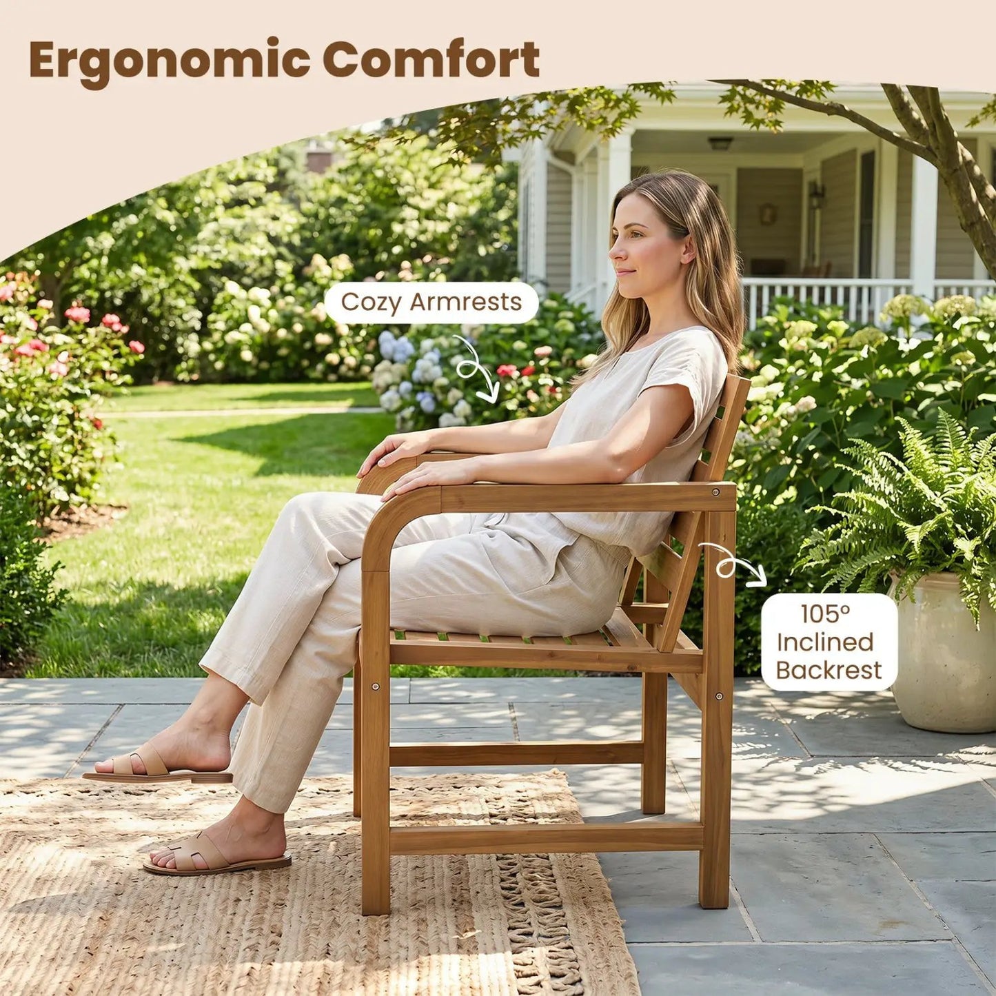 Teak Wood Patio Armchair With Slanted Back