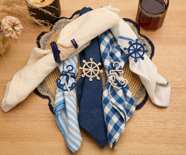 Nautical Anchor Napkin Rings – Coastal Table Decor, Handmade Raffia Napkin Holders, Set of 4 Blue and White Anchor Rings, Ocean Party Decor - Tampa Home & Garden Store