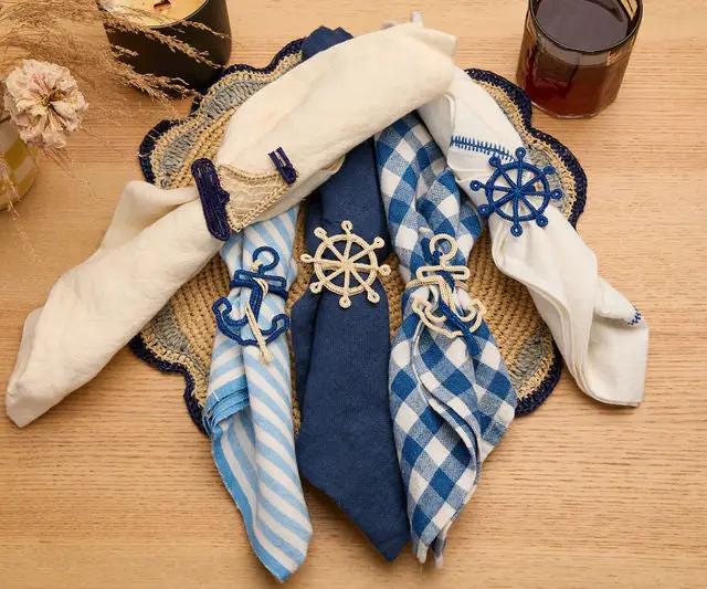 Napkin rings Nautical anchor raffia set of 4 with blue anchors and striped napkins on Tampa Home & Garden Store
