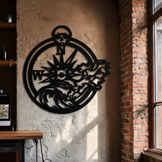 Nautical Compass Wave Metal Wall Art – Ocean Storm and Skull Design Decor- KAF704 - Tampa Home & Garden Store